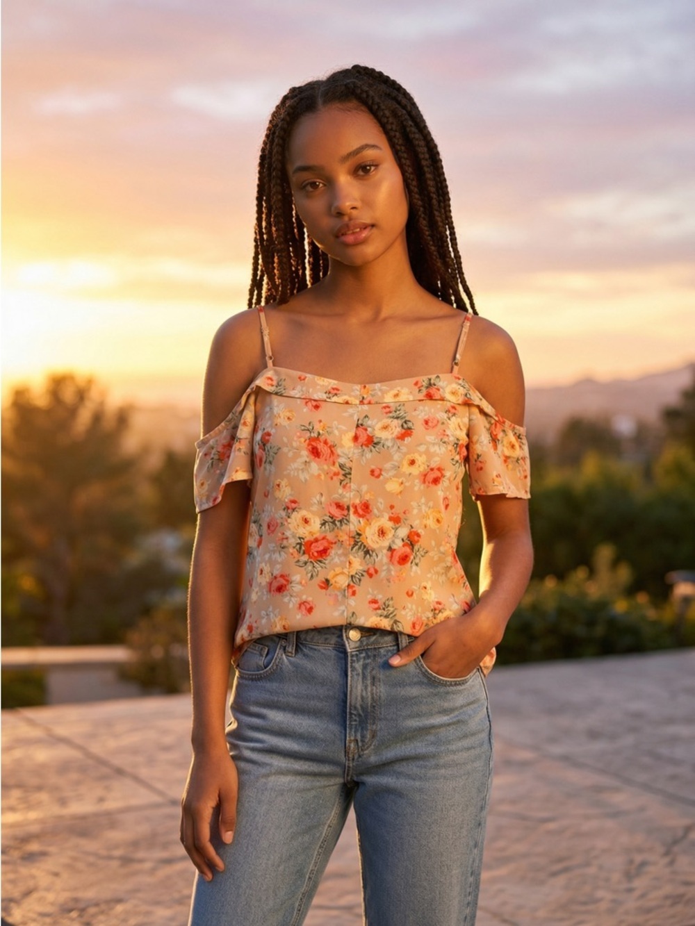 Brandy Melville Beige Floral Off-Shoulder Camisole with Ties